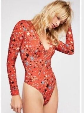 Star Print Long Sleeve Bodysuit  Girls like Us  Free People NWT
